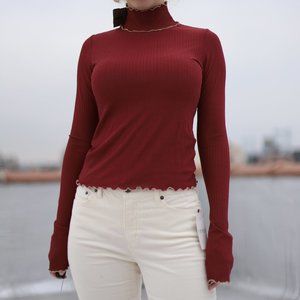 NWT Zara turtleneck dark red, cream lettuce trim